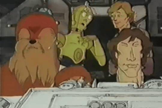 an animated Chewie, Han, Luke and 3PO from Star Wars Holiday Special 'Faithful Wookiee' Animation