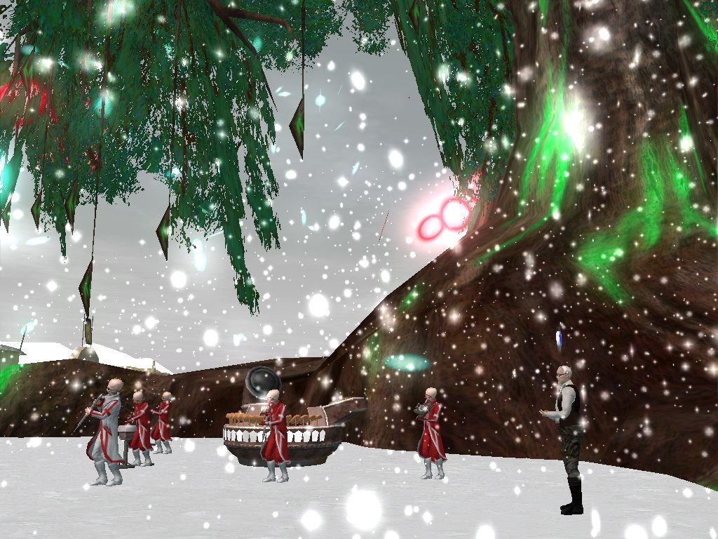 A Wroshyr tree in the snow, with a band playing under it for LifeDay in Star Wars Galaxies