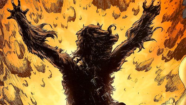 Chewie is killed by a falling moon, rescuing evacuees and Anakin Solo, art from Chewbacca tribute comics