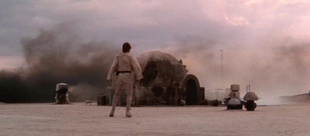 Luke sees the destroyed farm and his family, triggering the start of the hero journey