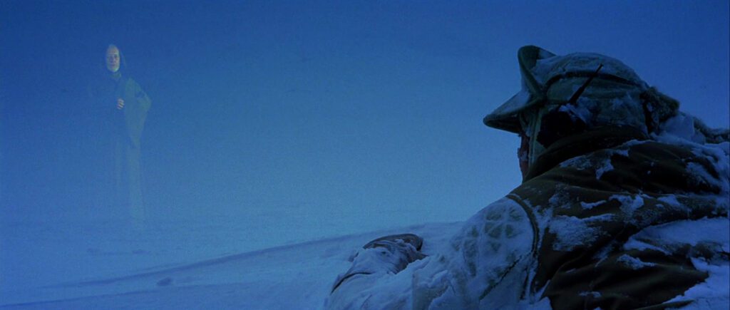 A frozen Luke on  Hoth sees Kenobi's spirit, urging him to go to Yoda on Dagobah