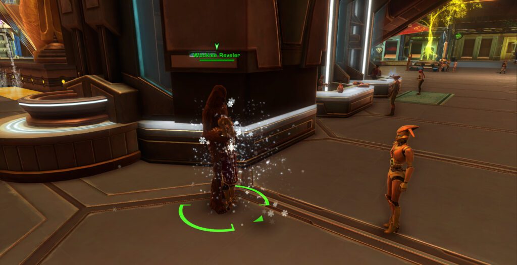 SWTOR celebrating lifeday with Wookiee hugging and snowball throwing