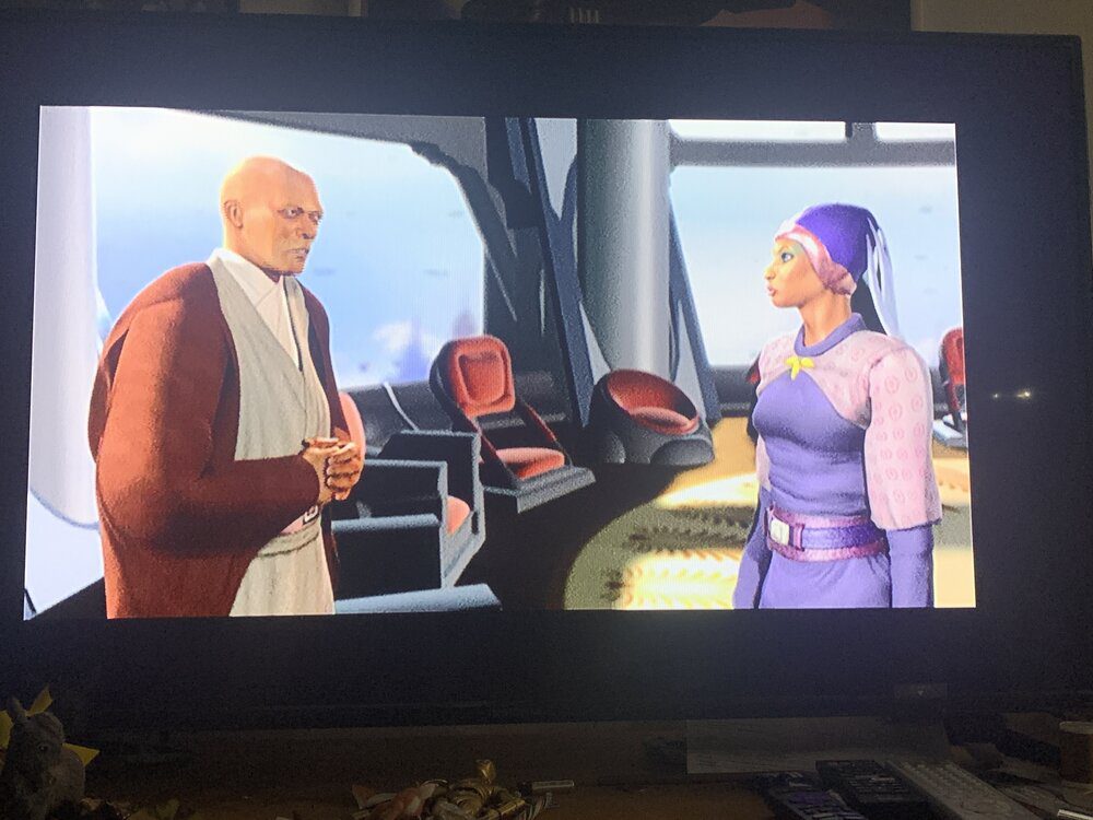 Mace Windu briefs Adi Gallia in a cutscene of Jedi Starfighter