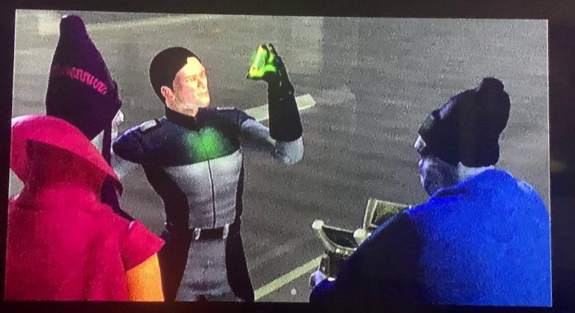 Captain Cavik Toth with neimodians holds up a crystal