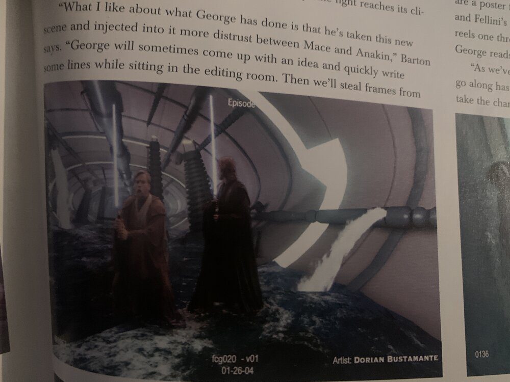 A deleted scene of Obi-Wan and Anakin in a fuel filled tunnel, on  Grievous's flagship, image from Making of Revenge of the Sith by J.W. Rinzler