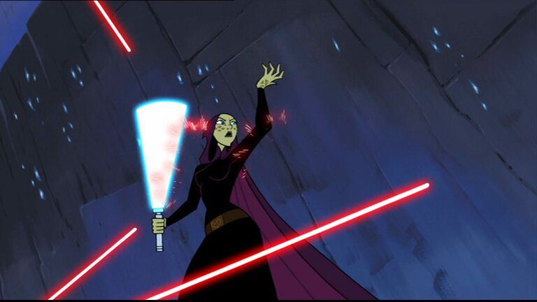 Clone Wars, Barriss Offee on Ilum in the Crystal Temple, battles the Chameleon droids