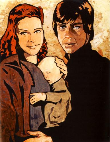 Mara Jade holds baby Ben Skywalker with Luke Skywalker beside them. Art from the New Essential Chronology. Art by John Van Fleet